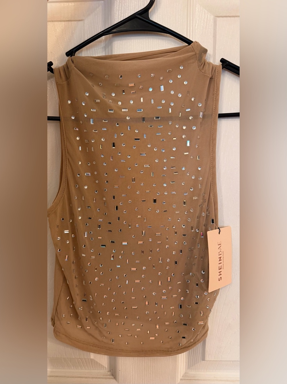 SHEIN Tan Sleeveless Tank Top with Mirror Rhinestone Embellishment